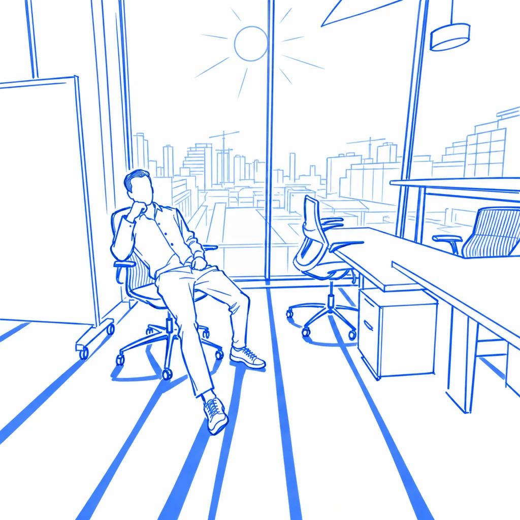 Line drawing of Matt in an office chair, the sun through the glass walls behind him