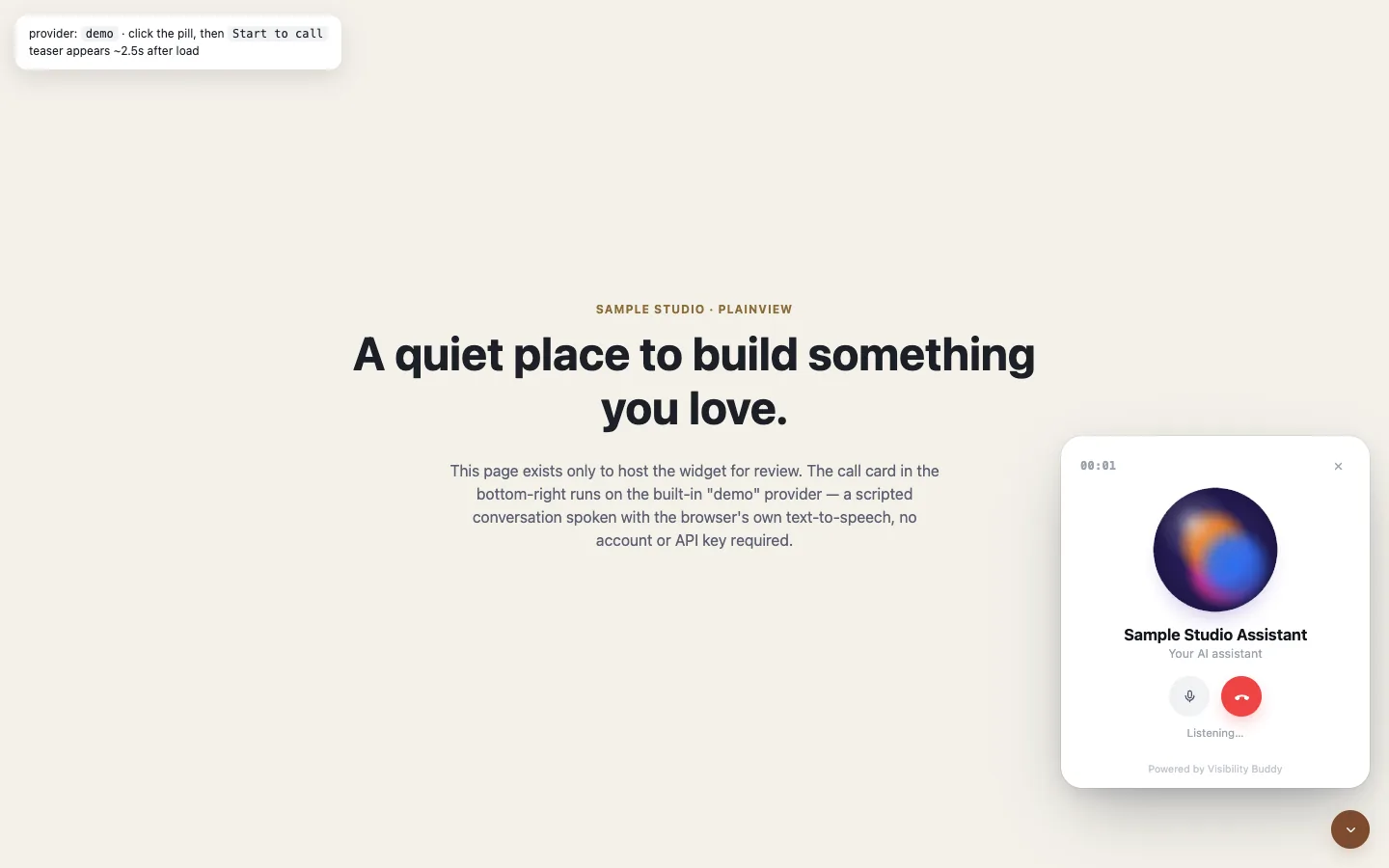 A demo site with the receptionist open