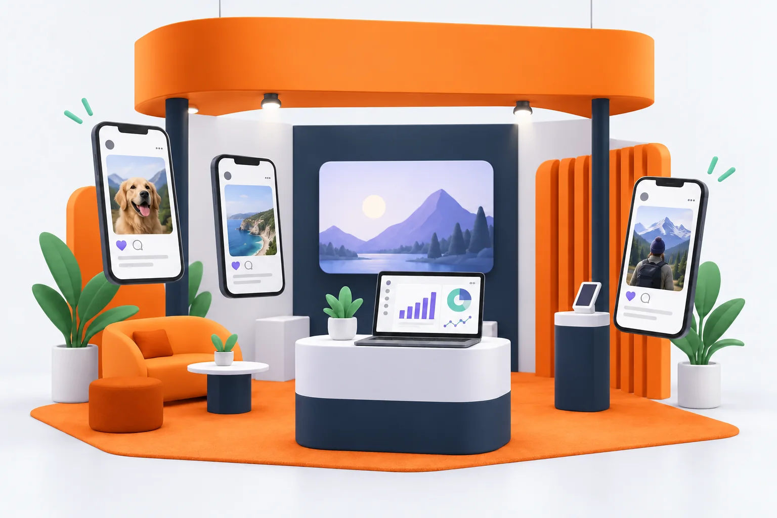 A brand activation booth with phones showing posts from the event