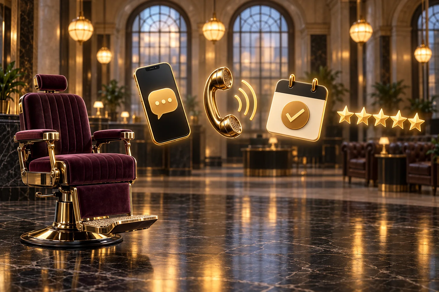 A plum velvet barber chair in an old bank lobby, with a phone, a calendar, scissors and review stars floating around it
