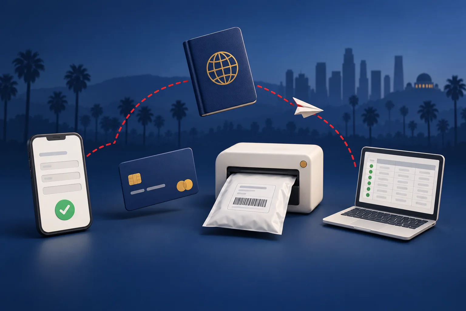 A passport, a card, a shipping label and an order log, linked by a red flight path over Los Angeles