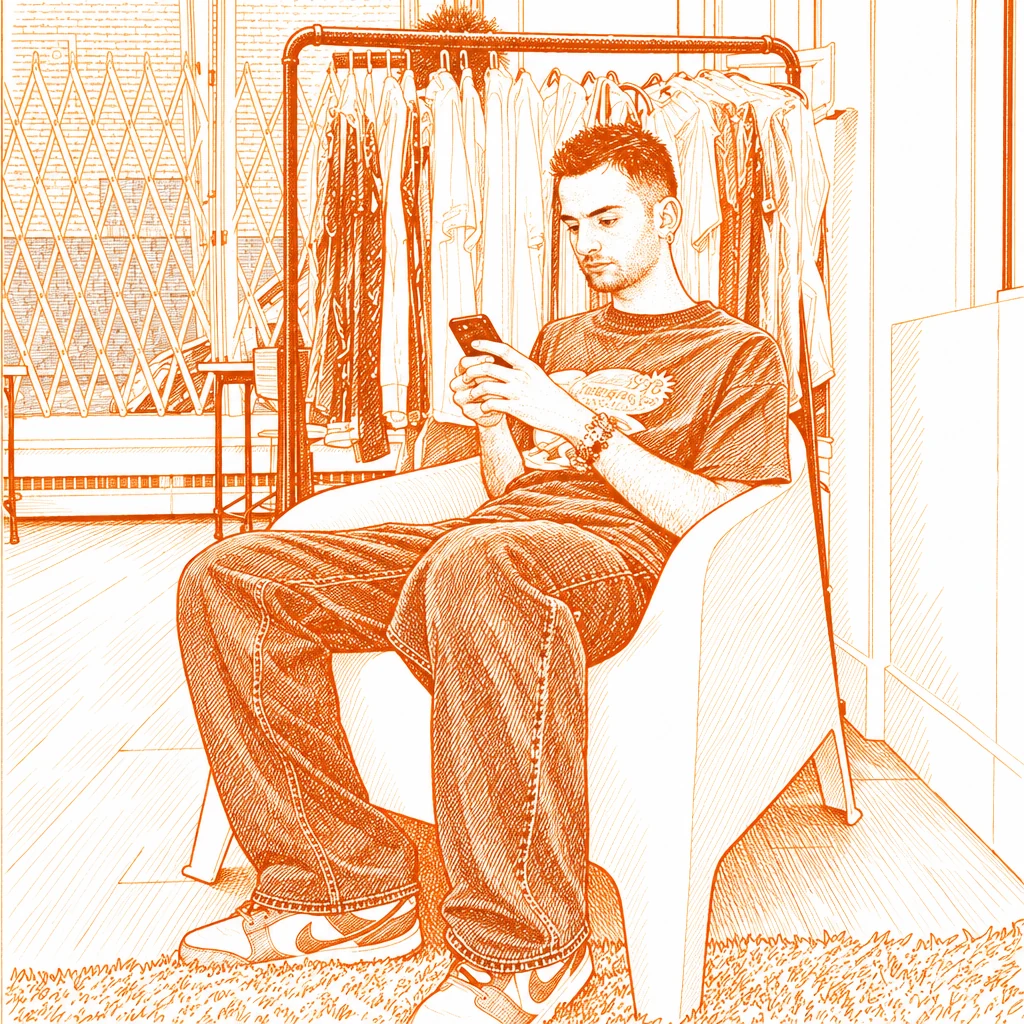 Line drawing: Kris at work, phone in hand.