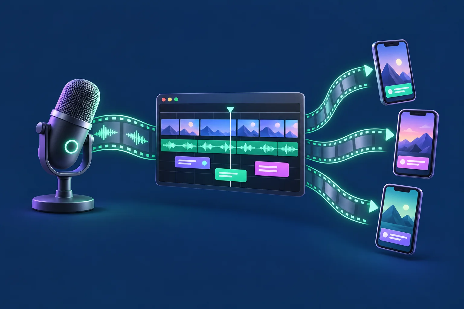 A microphone feeding an editing timeline that splits into three vertical clips